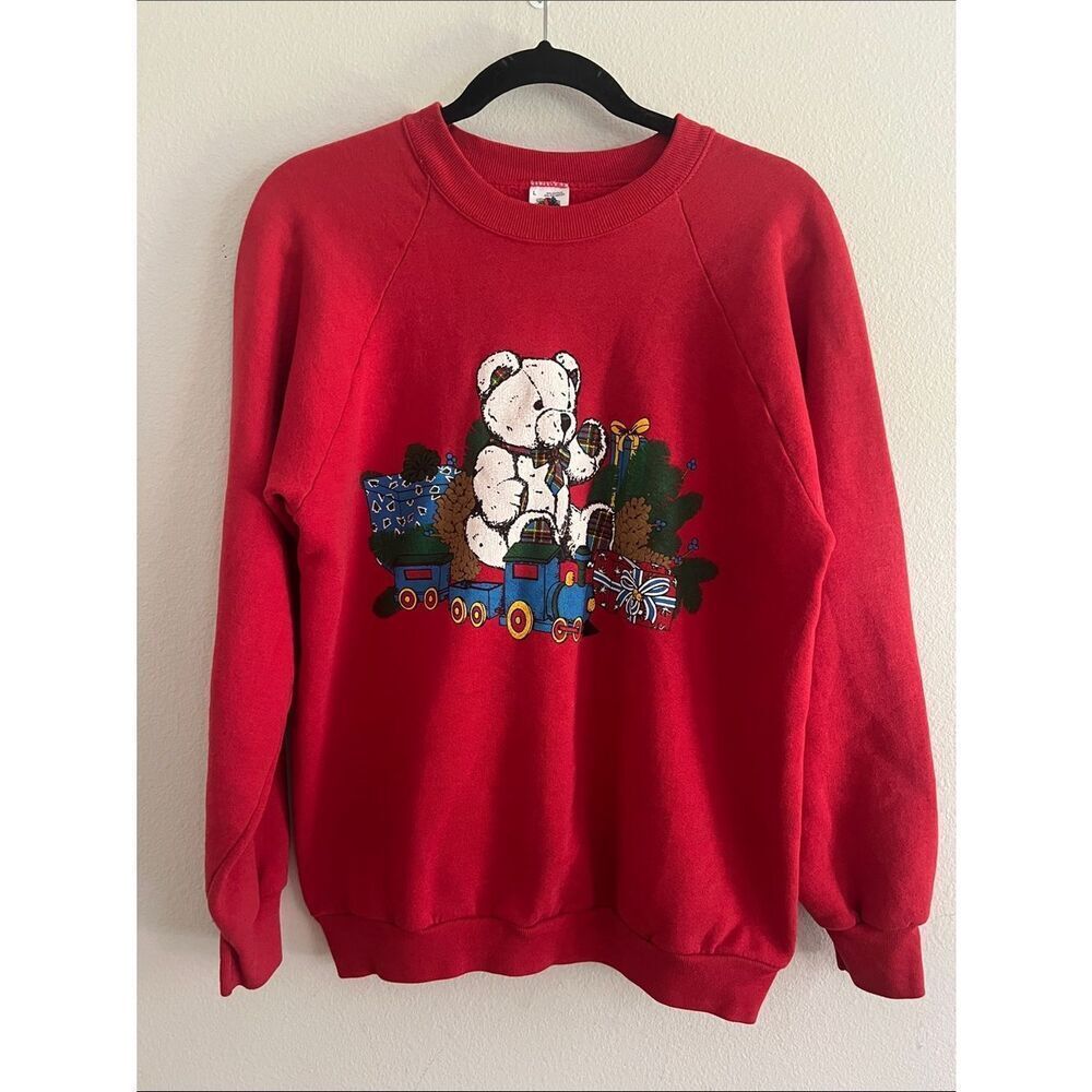 Vintage Christmas Teddy Bear Sweatshirt Red Toy Train Gifts Holiday Womens L USA